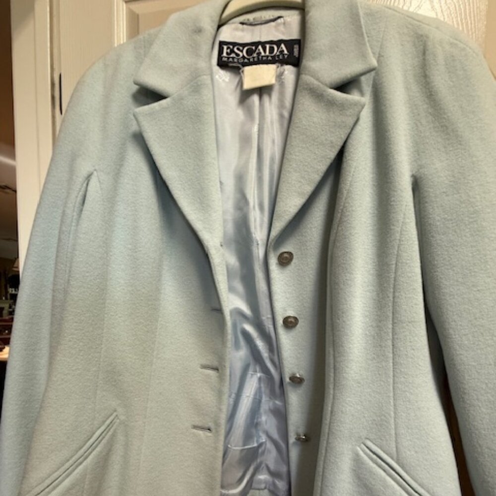 Vintage Escada by Margaretha Ley Fine Wool Coat. Light Sky Blue. Crest Buttons.